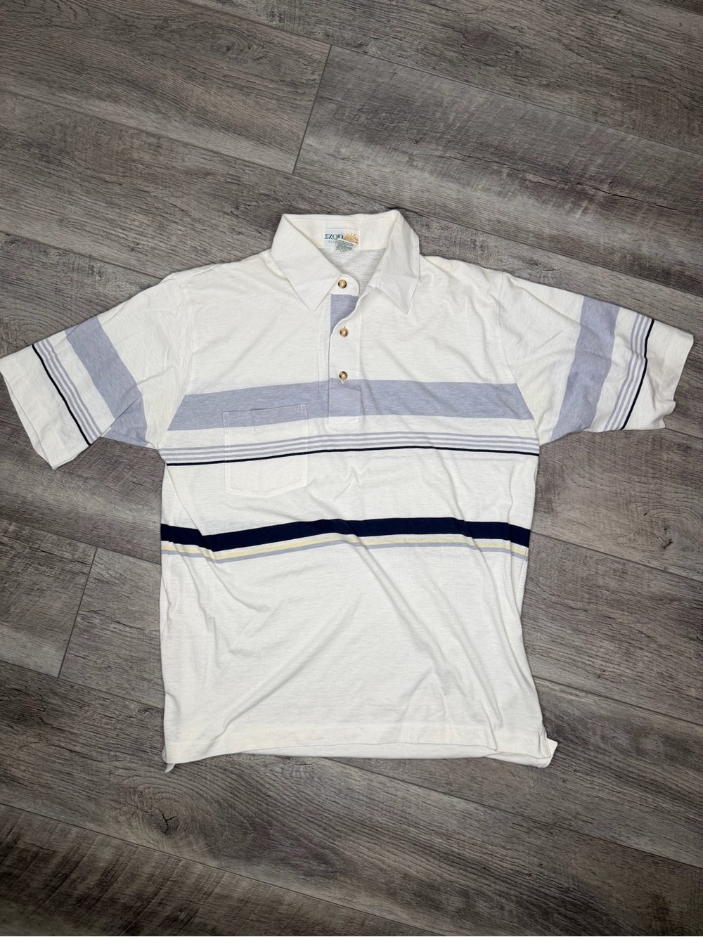 Izod Club Men's White Polo with Light Blue and Navy Stripes